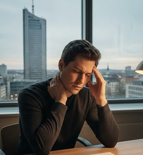 Mann sitzt am Tisch und h&auml;lt sich mit schmerzverzerrtem Gesicht den Kopf und den Nacken Kopfschmerzen behandlen Chiropractic Leipzig