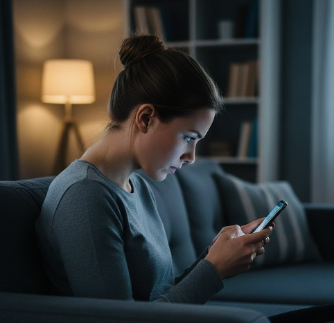 Frau schaut auf Handy mit gesenktem Kopf und belastet ihre Halswirbels&auml;ule stark Chiropractic Leipzig Nackenschmerzen behandeln
