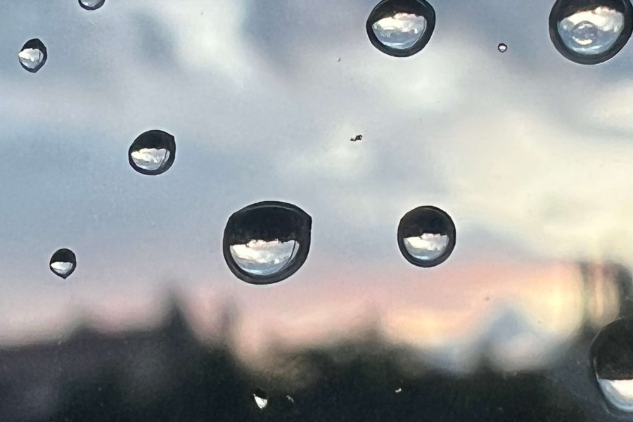 Wassertropfen auf einer Scheibe kokussieren den Hintergrund